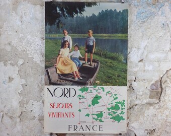 1950s France Travel Poster, Exciting stays in Picardy Northern France, Family boating, Sejours Vivifiants Nord France, travel wall art decor