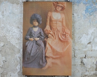 1970s Victorian Dress Poster, two girls in full Victorian dresses and bonnets, England, wall art retro decor