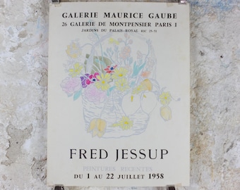 1958 Fred Jessup Poster, still life basket with flowers, light French naive art, artist gallery exhibition, wall art decor