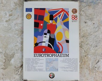 1990 Alfa Romeo United Kingdom Poster, London Eurotrophaeum, 80th anniversary, Ottantanni, art deco style by Enrico Dordoni, wall art decor