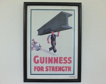 Hand signed 1981 John Gilroy Guinness Toucan Poster, Girder 1934, Guinness construction worker carrying a steel girder, wall art retro decor