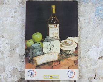 1960s Cheeses of France Poster, Roquefort cheeses & apples, Fromages de France, Foie gras, Sauternes, kitchenalia wall art decor