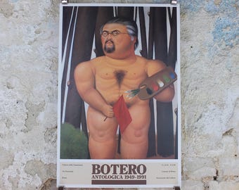 1991 Fernando Botero Poster, Self portrait with flag, autoritratto con bandiera, Figurative artist, gallery exhibition, wall art decor