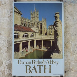 Cartel de viaje de Bath de la década de 1970, Baños romanos y abadía, Centro de información turística, Avon, Somerset, Inglaterra, Reino Unido, decoración de arte de pared de viaje