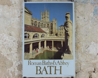 1970s Bath Travel Poster, Roman Baths & Abbey, Tourist Information Centre, Avon, Somerset, England, United Kingdom, travel wall art decor