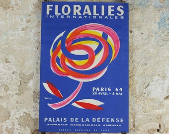 1964 International Paris Flower Show Poster, Floralies Internationales, Paris, Palais de la Defense, by Villemot, retro wall art decor
