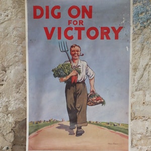 Vintage British WW2 Dig for Victory Propaganda Poster Peter Fraser Telegraph grow vegetables self sufficient reprint print wall art 1980s