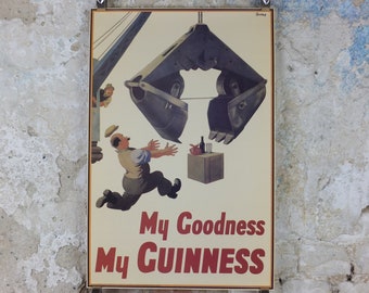 1990s My Goodness My Guinness Poster, from Guinness Museum, By John Gilroy 1938, crane stealing a picnic lunch, Wall art retro decor