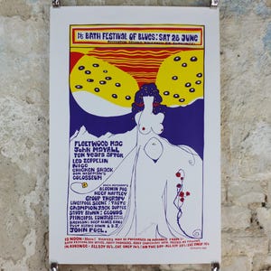 Póster del Festival de Blues de Bath de 1969, firmado por Freddy Bannister, reimpresión de 1998, Fleetwood Mac, música rock psicodélica de Led Zeppelin, arte mural