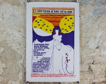 1969 Bath Festival of Blues Poster, Signed by Freddy Bannister, 1998 reprint, Fleetwood Mac, Led Zeppelin Psychedelic rock music, wall art