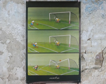 1980 Mordillo Penalty Shootout Poster, soccer football, Verkerke, Guillermo Mordillo, Argentina, cheating goalie goal keeper, wall art decor