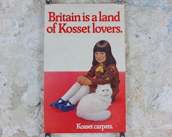 1970s Kosset Carpets Poster, White Persian Cat with Brownies / Girl Guide / Rainbows, wall art retro decor