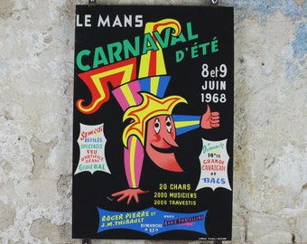 1968 Le Mans Carnival Poster, luminous Jester, glow in the dark clown, by Aloe, Circus entertainment, Cirque Carnaval, retro wall art decor