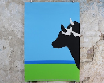 1977 Livestock Poster, Cows and Steers, Beef, Ole Kortzau, Cows on Vejlerne, artist gallery exhibition, wall art decor