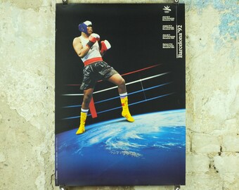Vintage Barcelona Olympic Poster, Boxing by Addison Allsport / NASA, 1992, XXV Olympiad, post modern, sport wall art 1990s