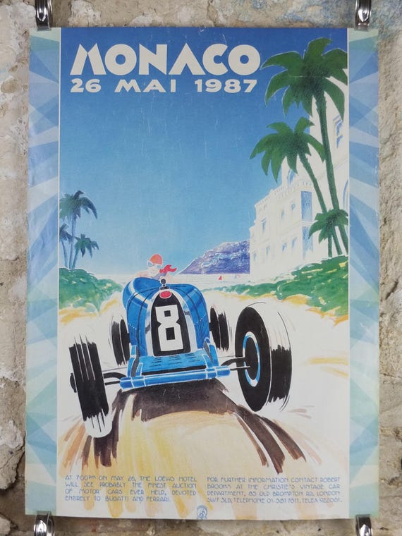 1987 Monaco Christies Poster, Bugatti and Ferrari Auction