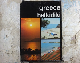 1971 Greece Halkidiki Travel Poster, sun and sunsets, beaches and summer fun, travel tourism, holiday vacation, wall art decor