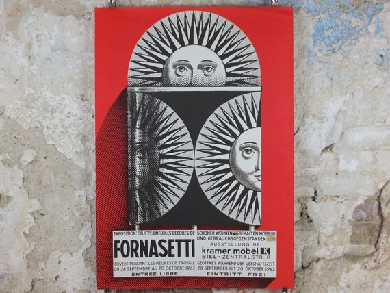 1963 Fornasetti Poster, Sun on Ceramic by Piero Fornasetti in Red