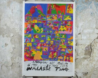 1997 Walasse Ting Poster, People, parrots, horses & flowers, colourful popular figuratism, pop art, gallery exhibition, wall art decor