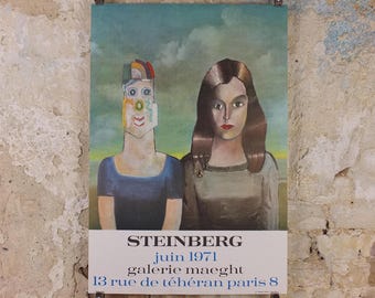 1971 Saul Steinberg Poster, The Couple 1971, American conceptual artist, Galerie Maeght Paris, gallery exhibition wall art decor