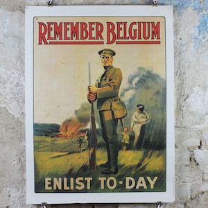 Ww1 Cartel de reclutamiento británico, ¡Recuerda Bélgica, alista hoy! Reimpresión de los años 70 o 80, soldado marchando a la guerra, impresión de arte de pared
