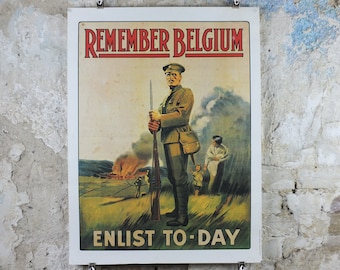 WW1 British Recruitment Poster, Remember Belgium, Enlist Today! 1970s or 1980s reprint, soldier marching off to war, print wall art decor
