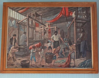 Vintage Rossignol double sided French school poster 1950s 1960s weaving cloth fashion materials wool cotton fabric dying colonialism Algeria
