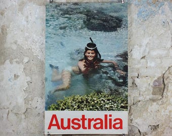 1969 Australia Great Barrier Reef Poster, Sixties snorker in bikini holds a coral animal up near Heron Island, travel wall art decor
