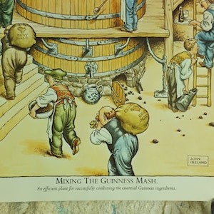 May include: Illustration of a brewery scene with workers carrying sacks of malt and other ingredients. The image shows a large wooden vat and the text "MIXING THE GUINNESS MASH."
