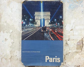 1962 Arc de Triomphe Paris Poster, Champs-Élysées at the centre of Place Charles de Gaulle, France, well worn, travel wall art decor