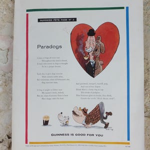 1961 Guinness Dog Poster, Paradogs, Guinness Pet Page, Mans Best Friend by Gerard Hoffnung, ale Irish stout beer advertising, wall art decor