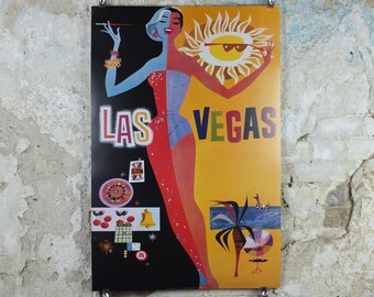 2004 Las Vegas Poster, Showgirl, gaming in the desert, Fly TWA, David Klein, travel wall art decor
