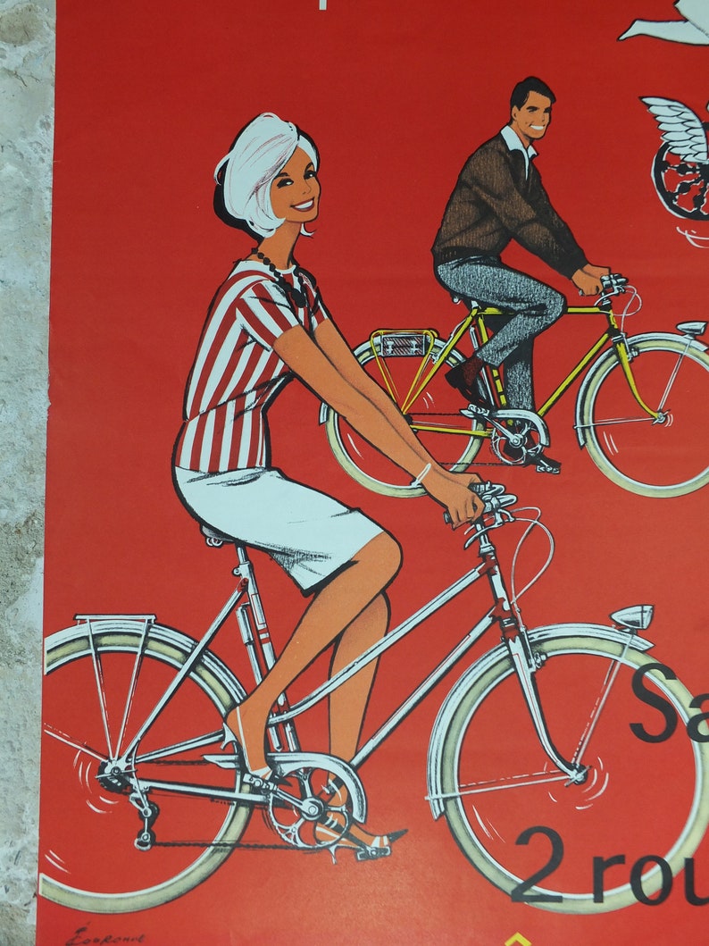 Cartel de ciclismo de 1950, Lotería Nacional Francesa, hermosa pareja sonriendo y andando en bicicleta en rojo, por Pierre Courrone, impresión de arte de pared decoración retro imagen 6