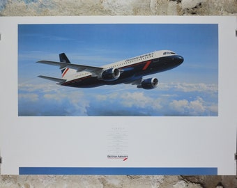 1989 British Airways Poster, Airbus A320, by Roy Huxley, BA Aviation aircraft aeroplane plane, travel wall art decor