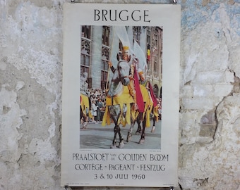 1960 Belgium Travel Poster, Bruges, Brugge, A mounted knight in the Procession of the Golden Tree, Belgique Flanders, travel wall art decor