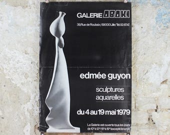 1979 Edmée Guyon Poster, Woman balancing a pot on her head sculpture, artist gallery exhibition, wall art decor