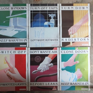 May include: A collection of eight vintage posters offering energy-saving advice. Each poster displays a unique illustration and text, such as "Close Windows," "Turn Off Taps," and "Turn Down Radiators." The posters are rectangular with a white border, promoting conservation.