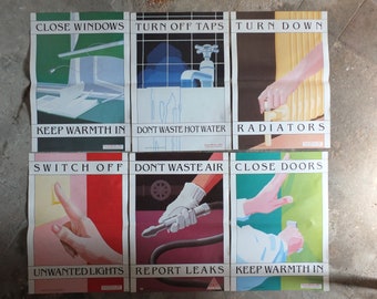 Set of Six Original Vintage British Energy Efficiency Posters windows taps heaters lights leaks wall art retro 1980s health and safety