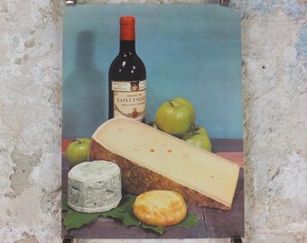 1960s Cheeses of France Poster, Comte cheeses & apples, Fromages de France, TRIMMED, cheesemaking, Saint-Emelion, kitchenalia wall art decor