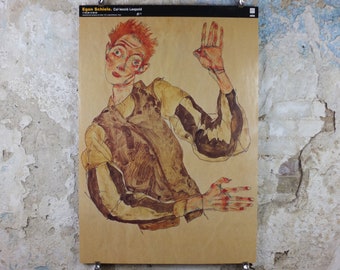 1998 Egon Schiele, leaning "Self portrait with striped sleeves" 1915,  Leopold Museum Wien, Expressionism gallery exhibition, wall art decor