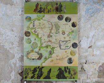 1975 Pauline Baynes Map of Middle Earth Poster, J.R.R. Tolkien, Lord of the Rings, The Hobbit, 8th Printing, fantasy wall art decor