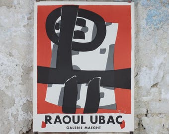 1990s Raoul Ubac Poster, Composition in red and black 1950, abstract surrealism, Mourlot Paris, wall art decor