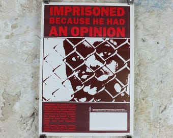1980s Amnesty International Poster, Imprisoned because he had an opinion, Human Rights, wall art decor