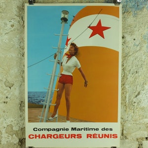 Vintage French Boating Poster, Chargeurs Renunis,white red shorts, long legs girl, shipping, woman, mid century, Advertising wall art 1950s