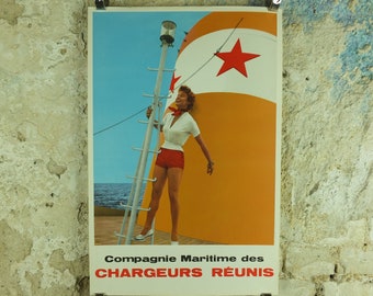 Vintage French Boating Poster, Chargeurs Renunis,white red shorts, long legs girl, shipping, woman, mid century, Advertising wall art 1950s