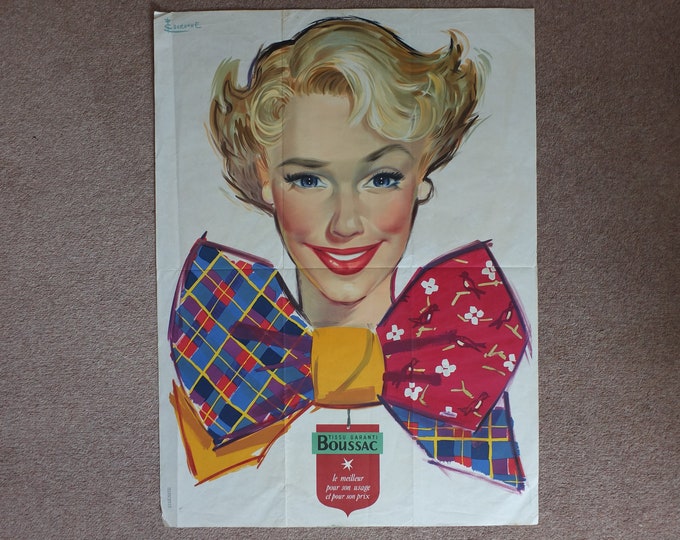 Featured listing image: 1954 Francoise by Pierre Couronne Poster, Vintage Tissu Garanti Boussac, advertising wall art decor, Kodachrome