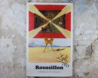 Vintage Dali Roussillon Poster, Salvador Dali, Butterflies, SNCF, travel tourism, 100cmx62cm, Chemins de fer Francais, wall art 1970s