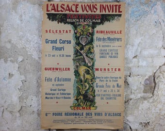 1953 Colmar Alsace Festival Poster, Vins d'Alsace Wines of Alsace Festivities in Selestat, Ribeauville, Guebwiller & Munster, wall art decor