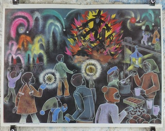 1971 Child Education Bonfire Night Poster, fireworks, sparklers, Guy Fawkes, bonfire, leaf burning, mid century print, wall art