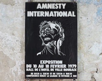 1979 Amnesty International Poster, monochrome drawing white on black of a pained face, Human Rights, wall art decor